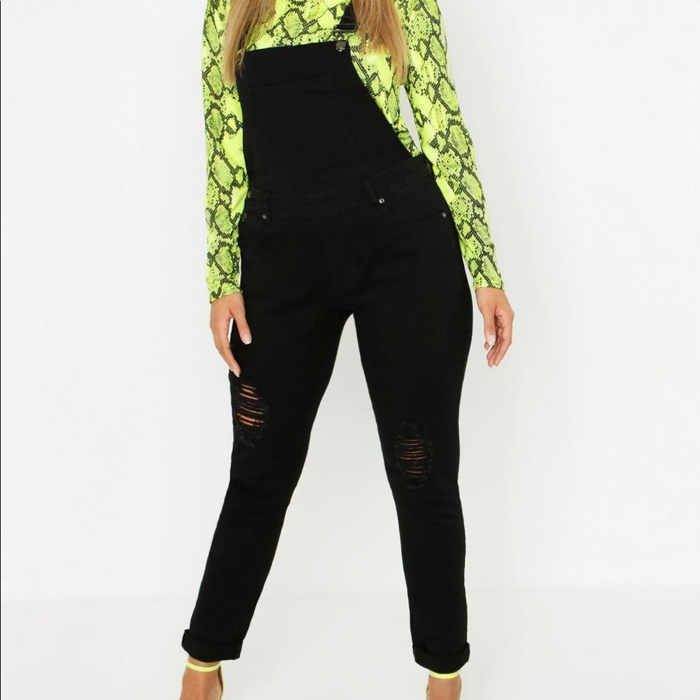 Distressed Black Overalls